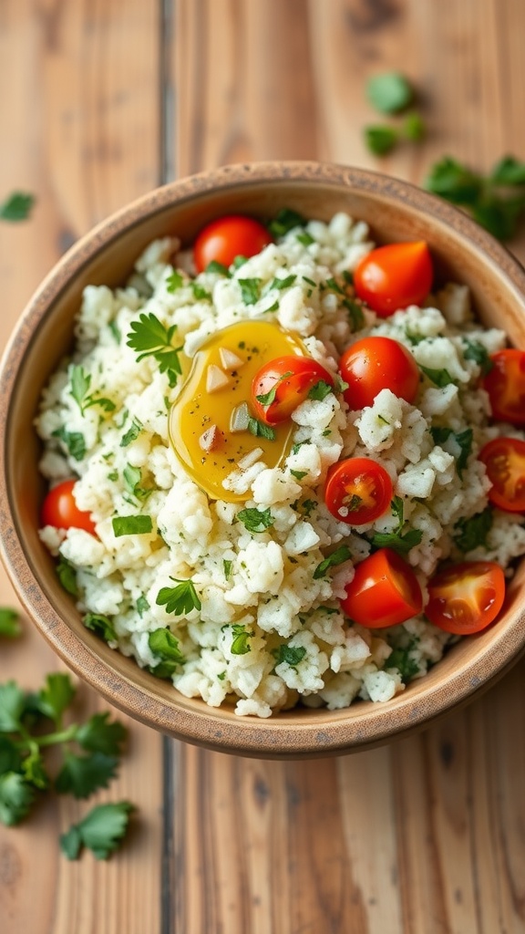 A bowl of cauliflower rice tabbouleh salad topped with cherry tomatoes and herbs.