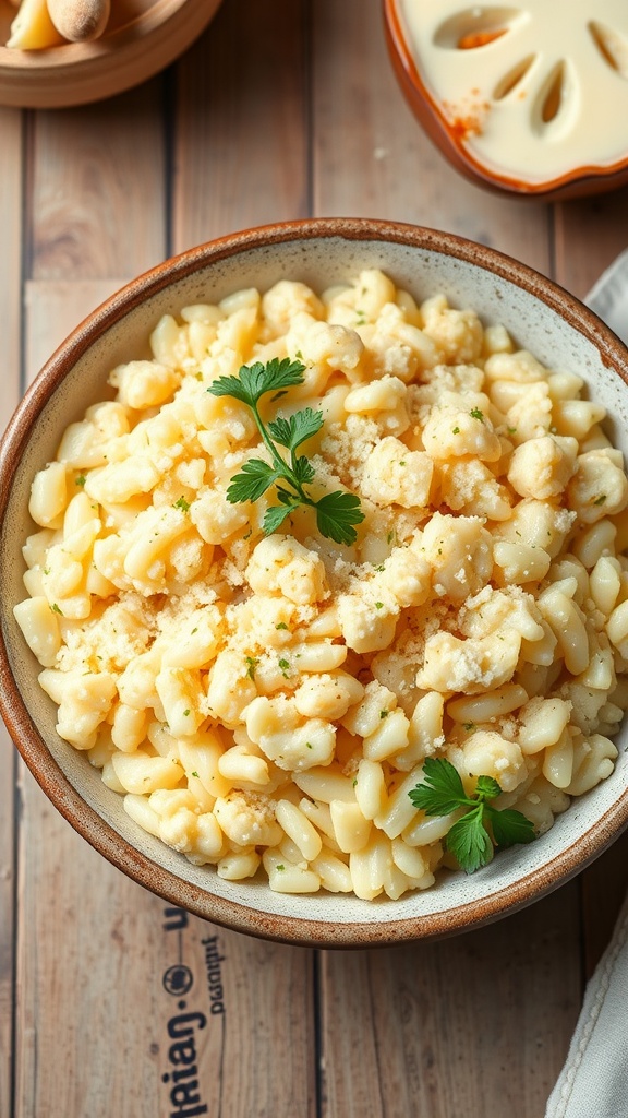 A bowl of creamy cauliflower risotto topped with Parmesan and parsley, placed on a wooden table.