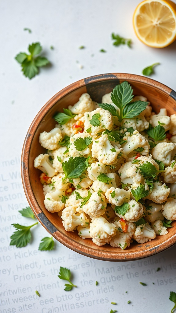 A bowl of cauliflower tabouli with fresh herbs and lemon.