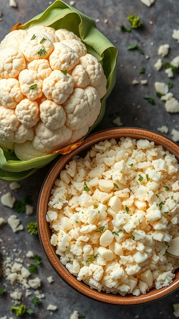 Fresh cauliflower and a bowl of riced cauliflower with herbs.