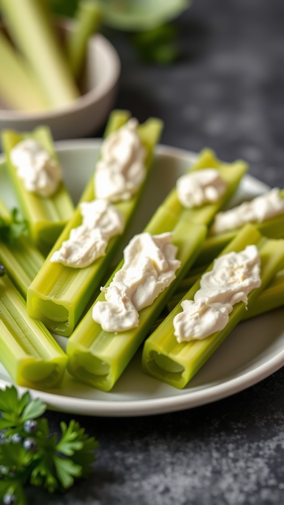 Plate of celery sticks topped with cream cheese.