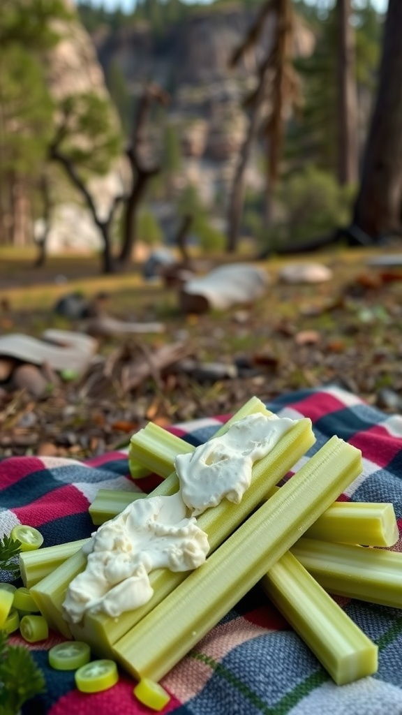 A close-up of celery sticks topped with cream cheese on a blanket in a natural setting.