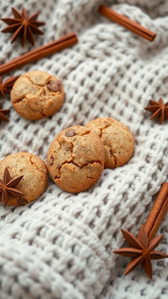 Chai spiced keto cookies on a knitted blanket with cinnamon sticks and star anise