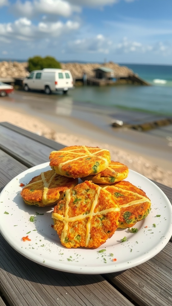 A plate of golden cheddar and broccoli fritters on a table with a beach view.