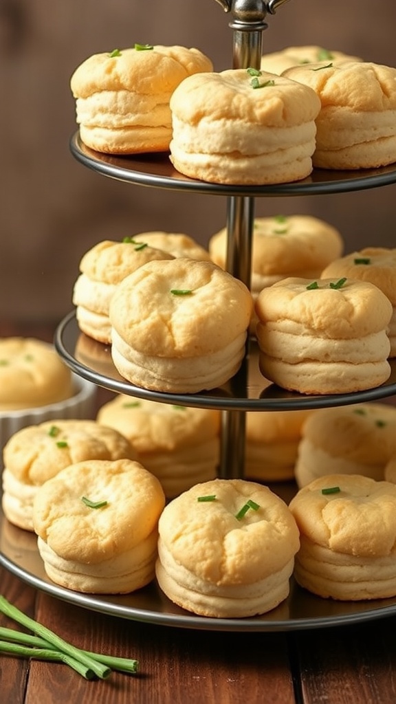 A tiered tray of cheddar and chive biscuit bites, showcasing soft, fluffy biscuits topped with green chives.