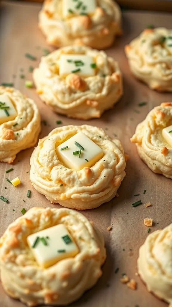 Cheddar and chive biscuits with butter on top, garnished with chives.