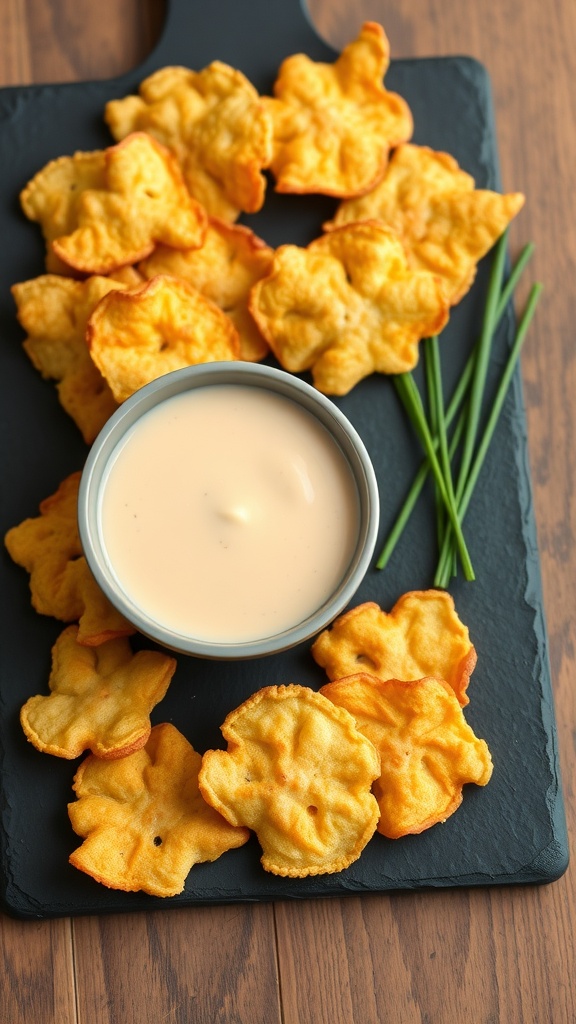 A platter of cheddar and chive cheese crisps with a dipping sauce