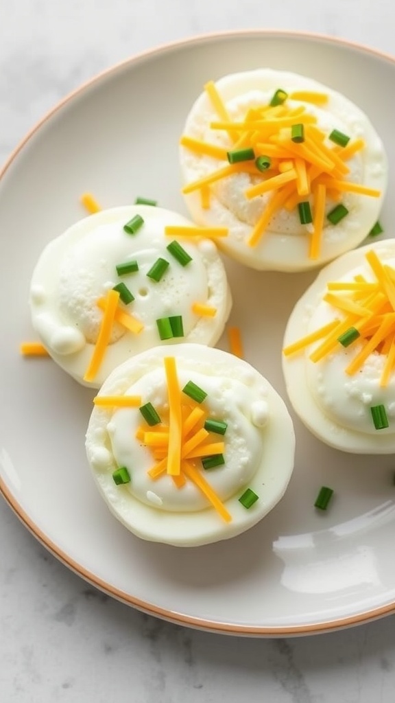 Plate of Cheddar and Chive Cloud Eggs topped with green chives and shredded cheddar cheese.