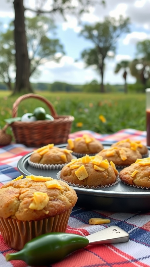 A close-up of cheddar and jalapeño keto muffins on a picnic blanket, surrounded by fresh jalapeños and a basket.