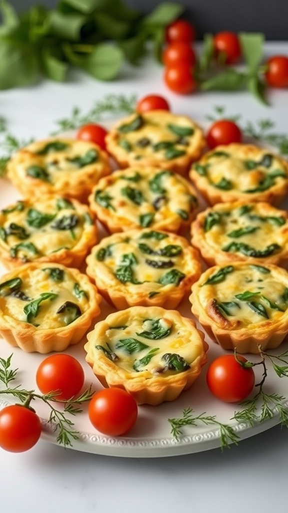 A platter of cheddar and spinach mini frittatas with cherry tomatoes and fresh herbs.