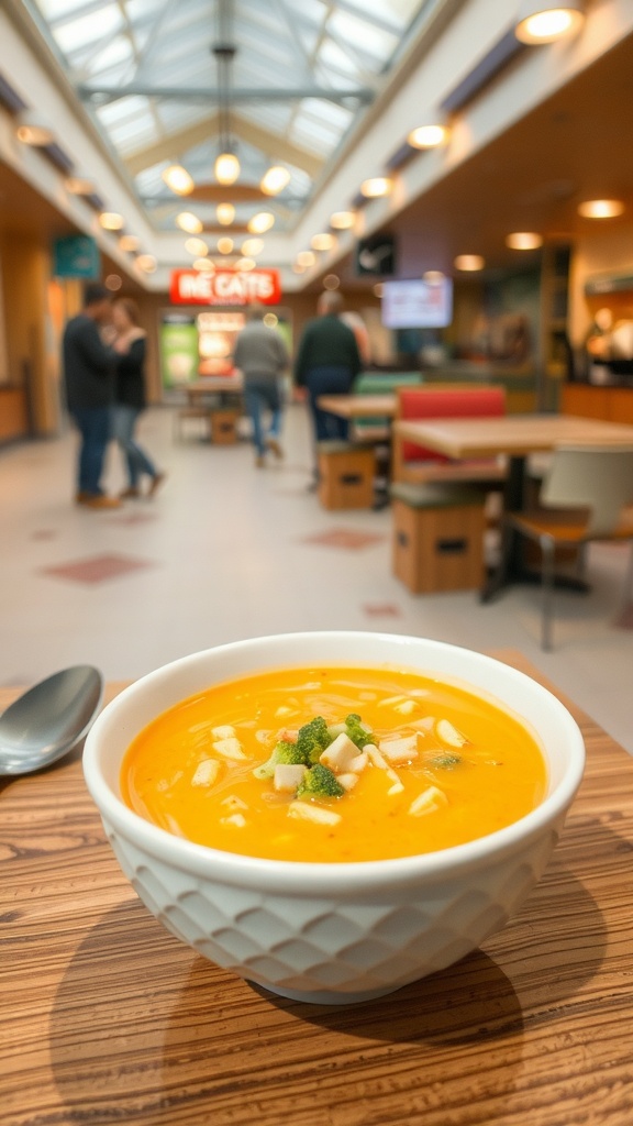 A bowl of cheddar broccoli soup with bits of broccoli on top, placed on a wooden table in a mall food court.