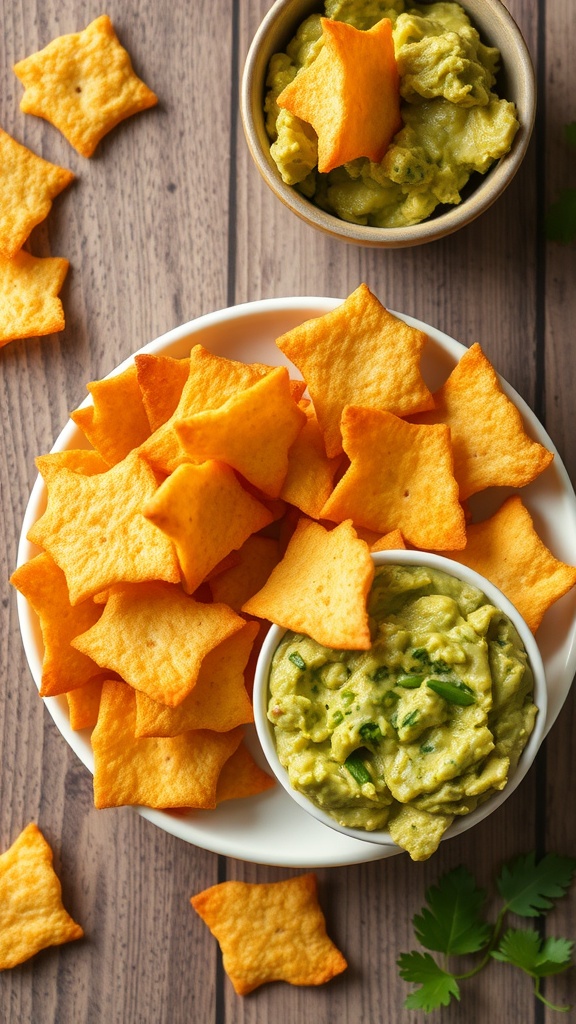 A plate of cheddar cheese crisps served with guacamole.