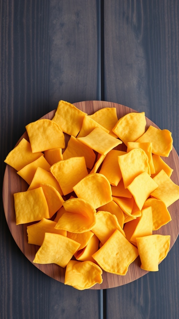 A plate filled with cheddar cheese crisps.