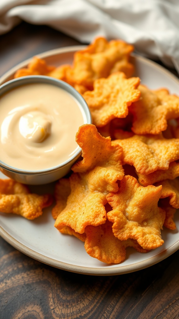 A plate of cheddar cheese crisps with a small bowl of dipping sauce