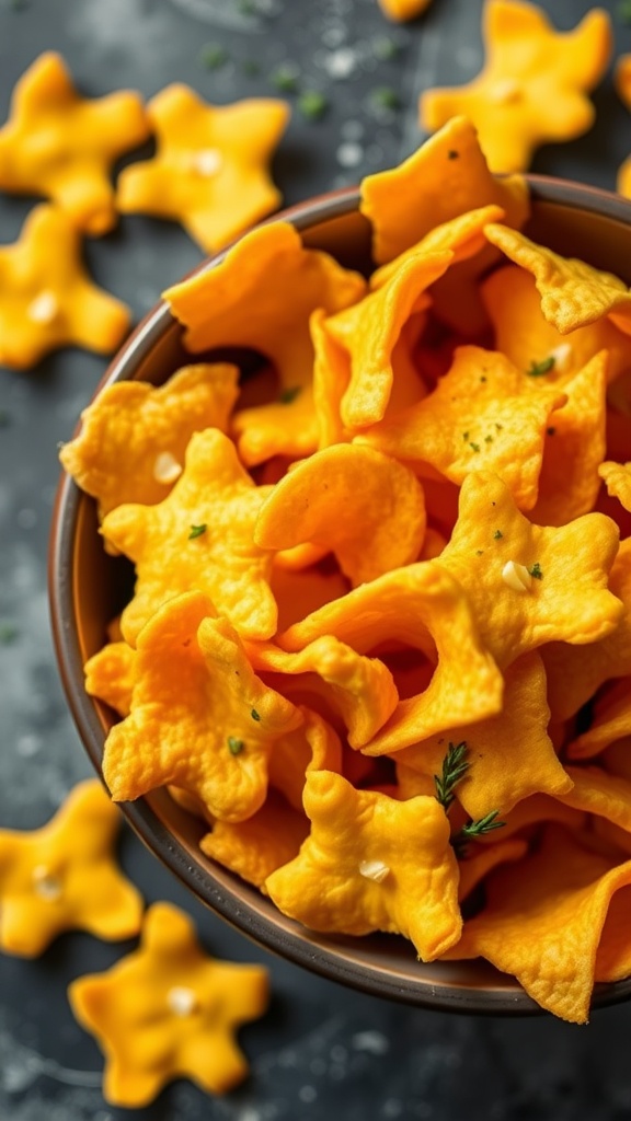 A bowl of cheddar cheese crisps shaped like stars, surrounded by more crisps.