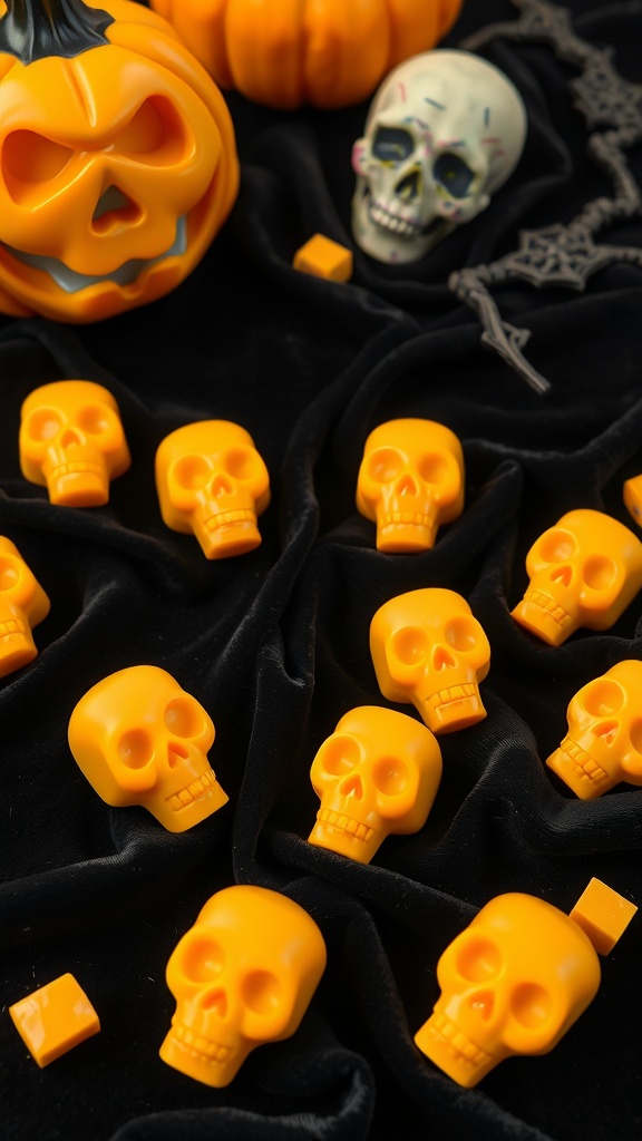 Yellow cheddar cheese skulls on a black backdrop with Halloween decorations