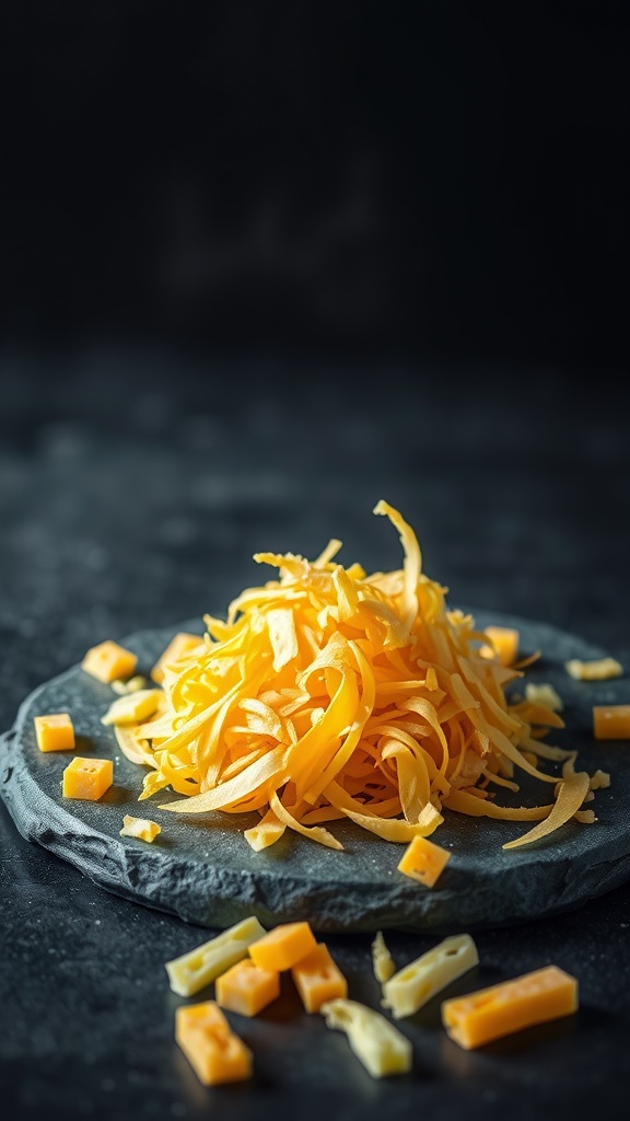 A pile of shredded cheddar cheese on a dark stone surface with scattered cheese cubes.