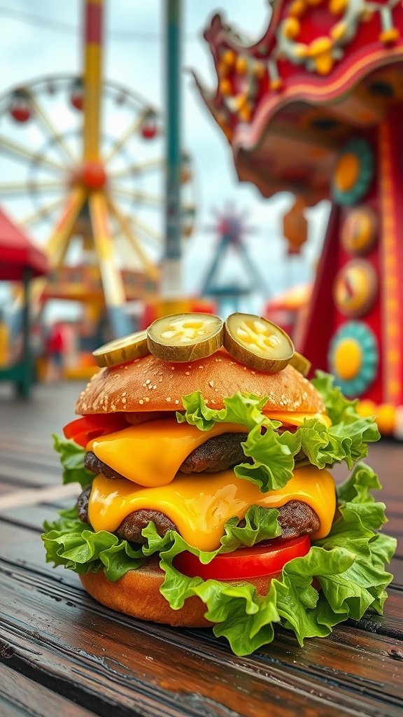 A cheese-stuffed burger wrapped in lettuce with pickles and tomatoes, set against a colorful theme park background.