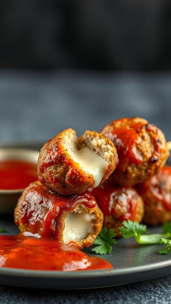 Cheese-stuffed meatballs drizzled with sauce on a plate