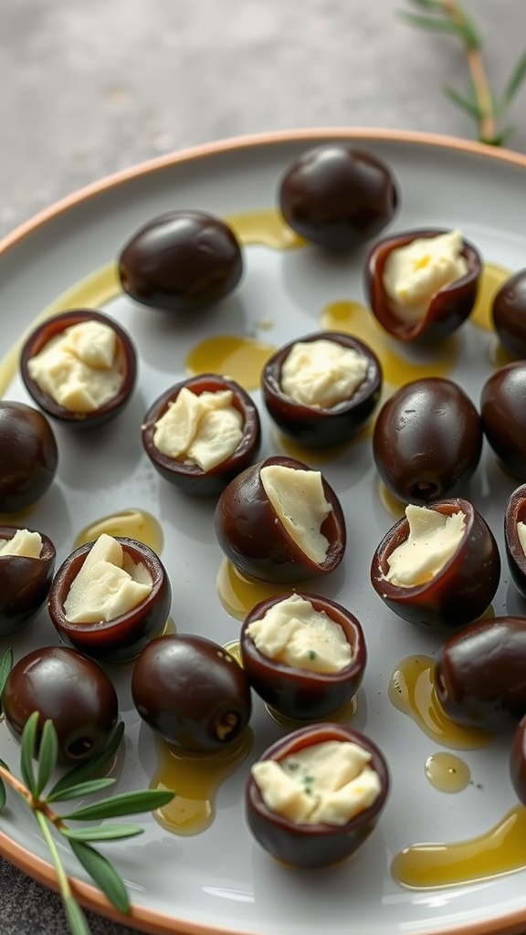 A plate of cheese-stuffed olives arranged with some drizzled olive oil.