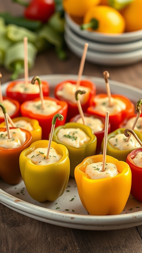 A plate of colorful cheese-stuffed mini bell peppers filled with creamy cheese.