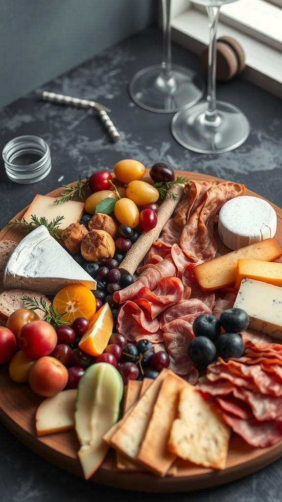 A cheese and charcuterie board featuring various cheeses, cured meats, and berries on a beach setting.