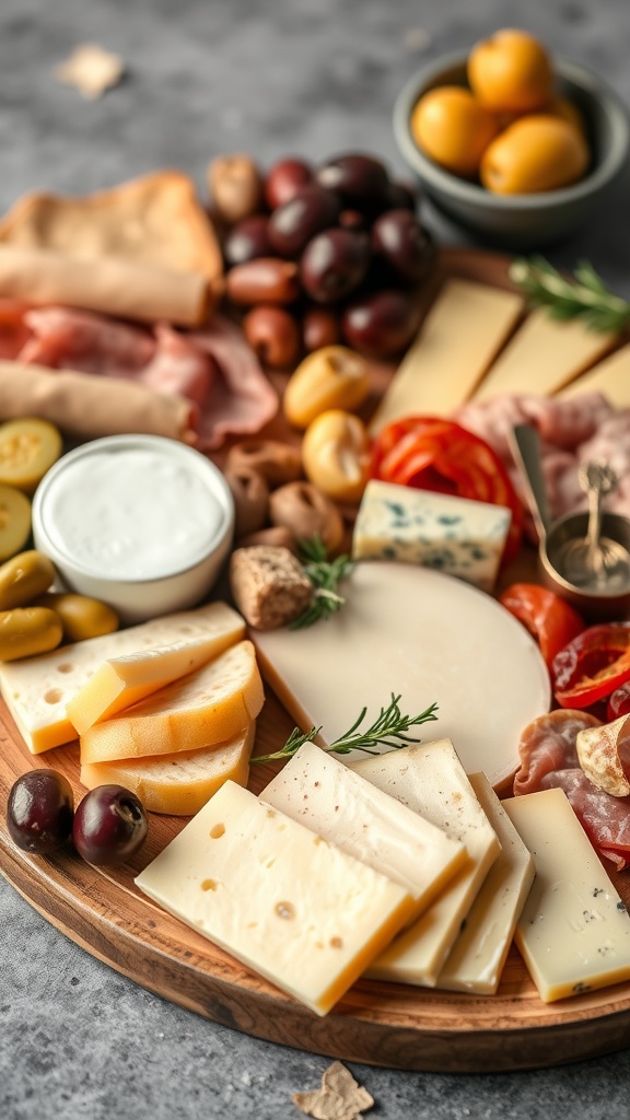 A delicious spread of cheese, cured meats, olives, and other snacks on a wooden board.