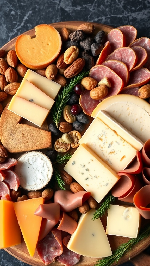 A beautifully arranged cheese and charcuterie board featuring various cheeses, cured meats, nuts, and garnishes.