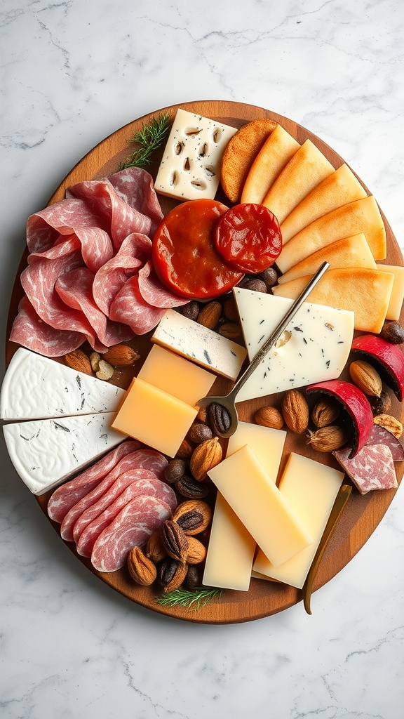 A beautifully arranged cheese and charcuterie board with various cheeses, cured meats, and nuts.