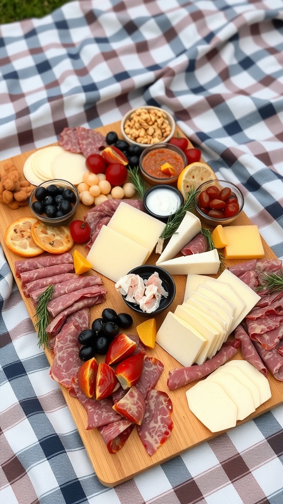 A beautifully arranged cheese and charcuterie board featuring various cheeses, meats, olives, and dips on a picnic blanket.