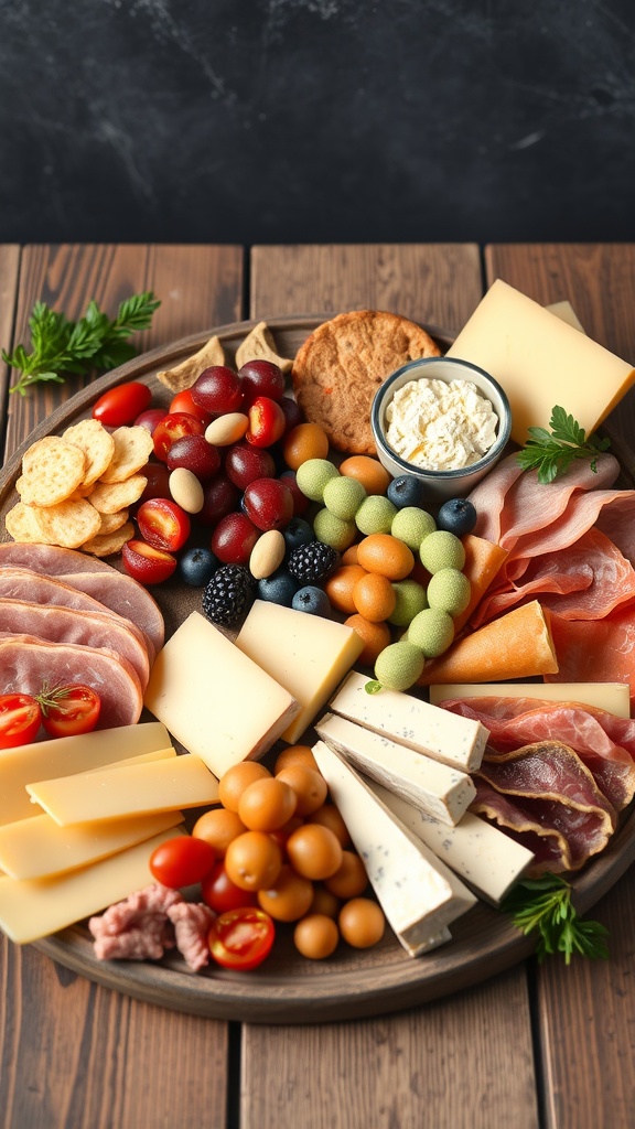 A beautifully arranged cheese and charcuterie board with various cheeses, meats, nuts, and low-carb vegetables.