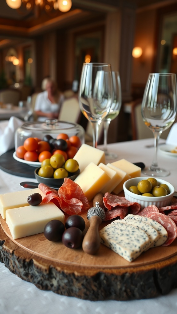 A beautifully arranged cheese and charcuterie board with various cheeses, cured meats, olives, and cherry tomatoes.