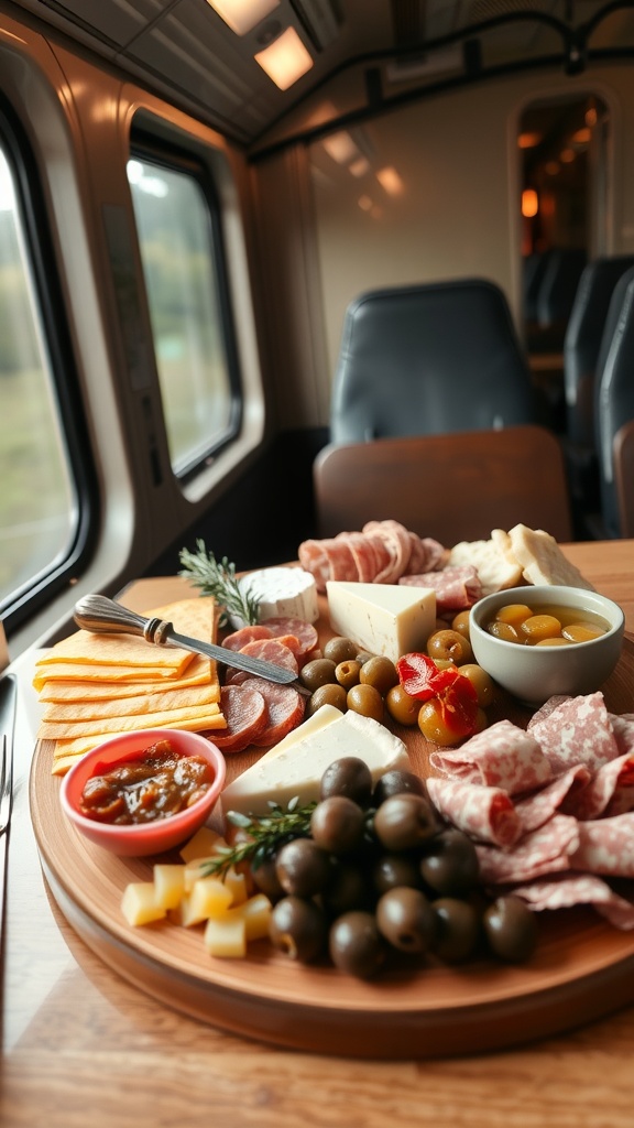 A beautifully arranged cheese and charcuterie platter with various meats, cheeses, and olives on a wooden board.