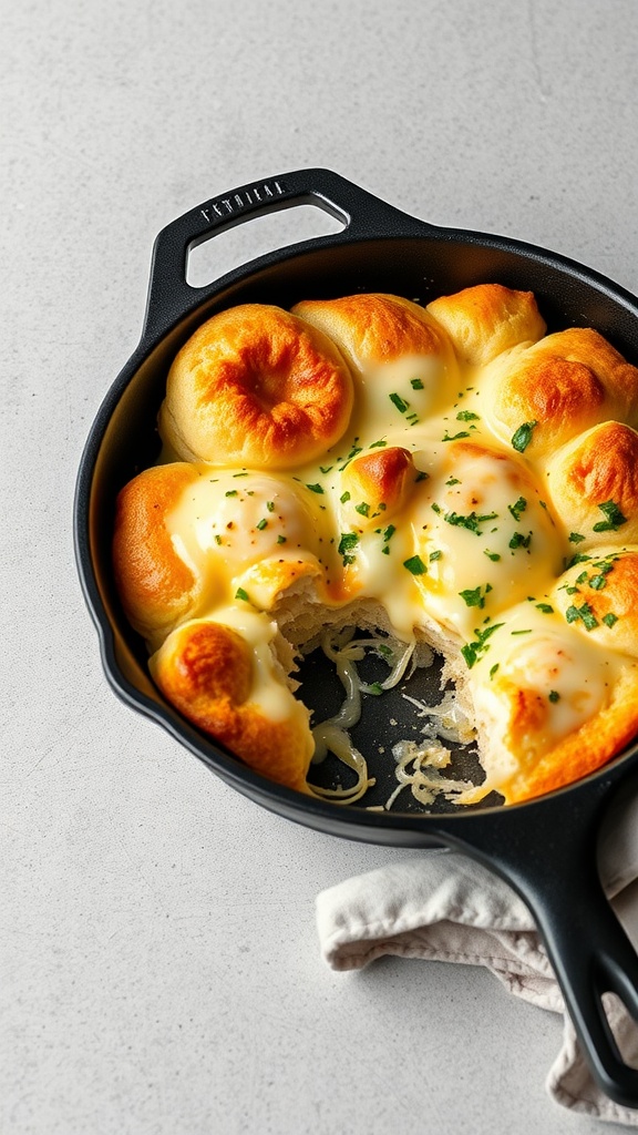 A skillet containing cheesy egg bread with golden brown rolls topped with herbs