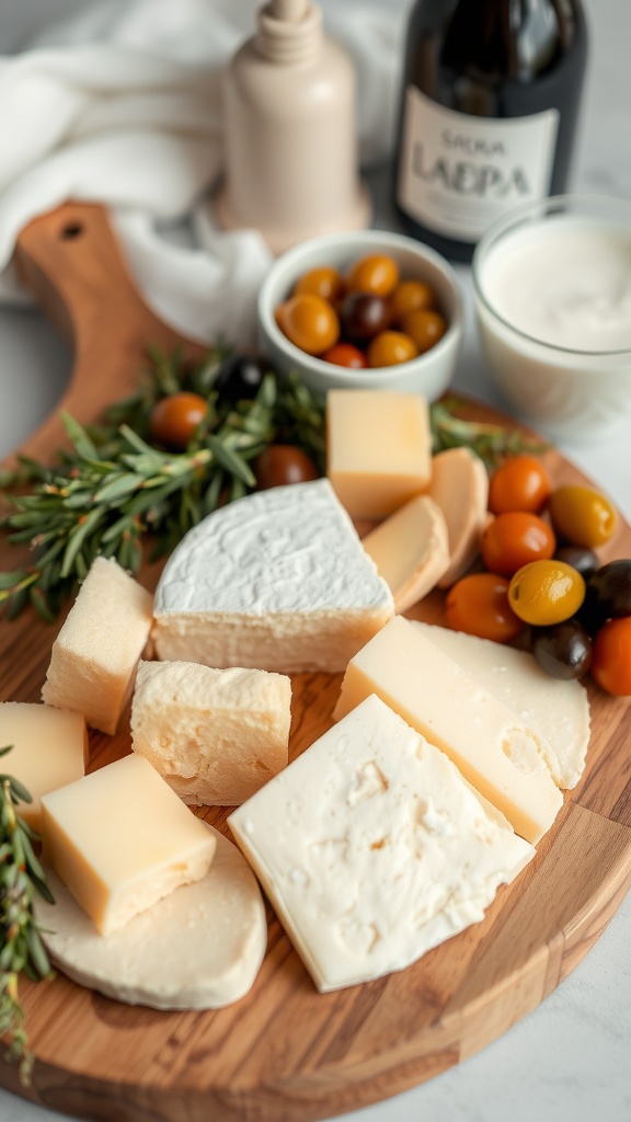 A wooden platter with various cheeses and olives, enhancing a relaxing spa day.