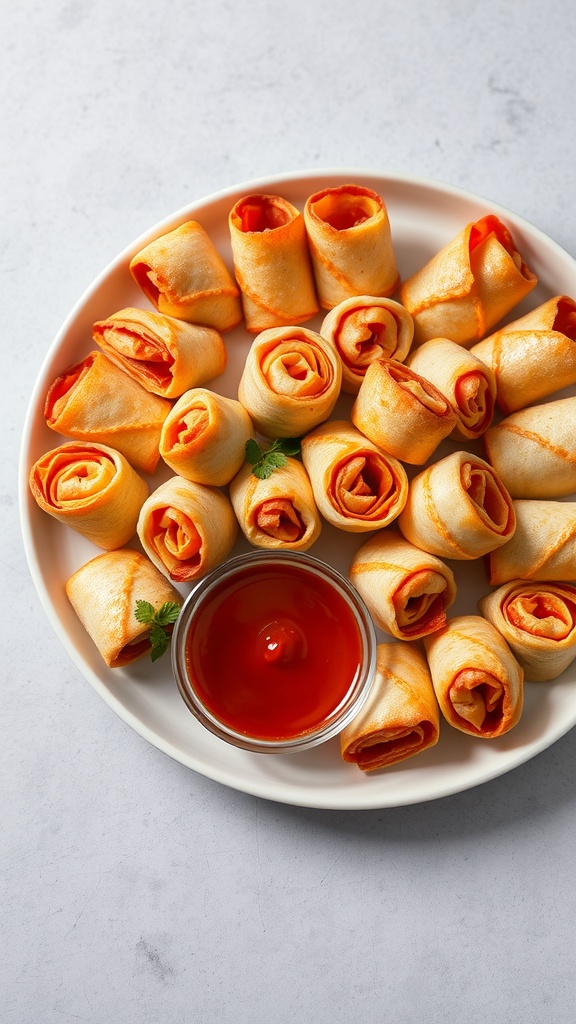 A plate of cheese and pepperoni roll-ups served with a side of ketchup.