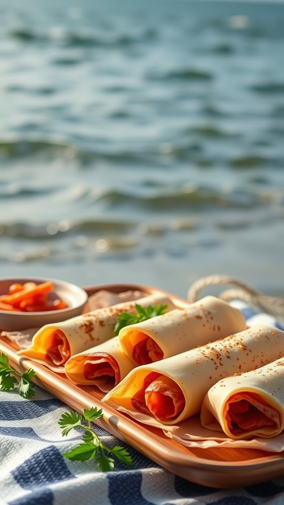 Cheese and salami roll-ups on a tray with a beach background