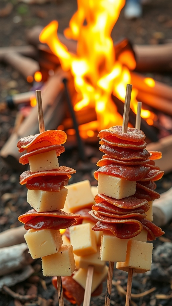 Skewers of cheese and salami in front of a campfire