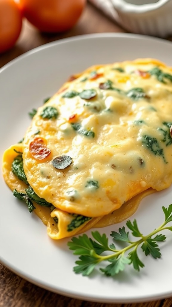 A delicious cheese and spinach omelette on a plate, with fresh ingredients in the background.