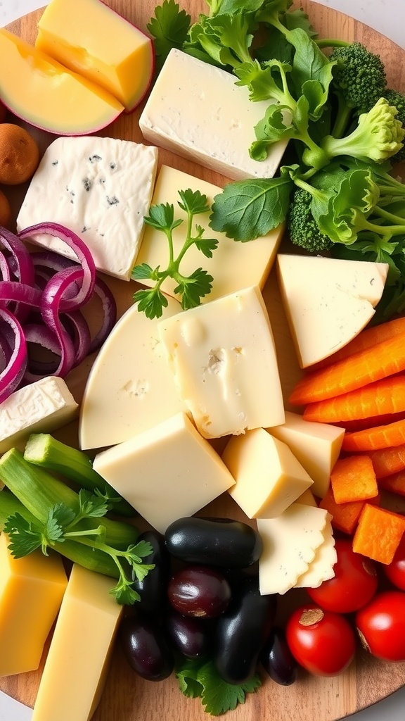 A colorful cheese and veggie platter featuring various cheeses, broccoli, tomatoes, carrots, and herbs.