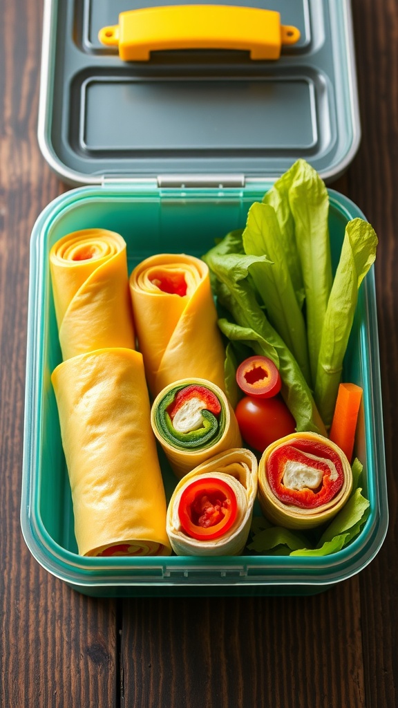 A lunchbox filled with cheese and veggie roll-ups, including various colorful vegetables and cheese slices.