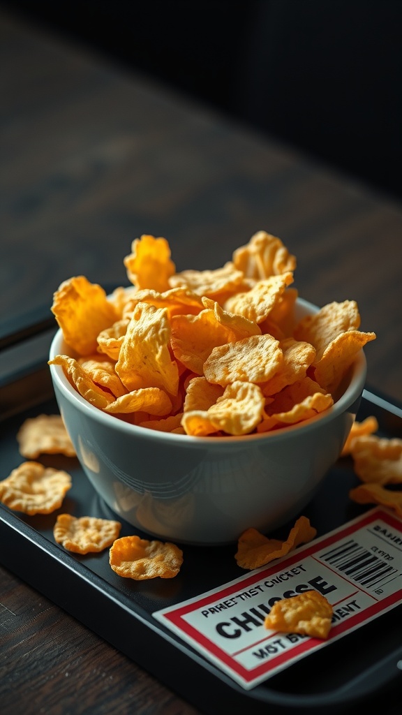 A bowl of cheese crisps on a tray with a label, surrounded by more crisps.