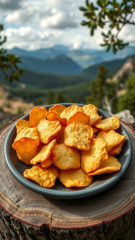 A plate of golden cheese crisps set against a mountainous backdrop.