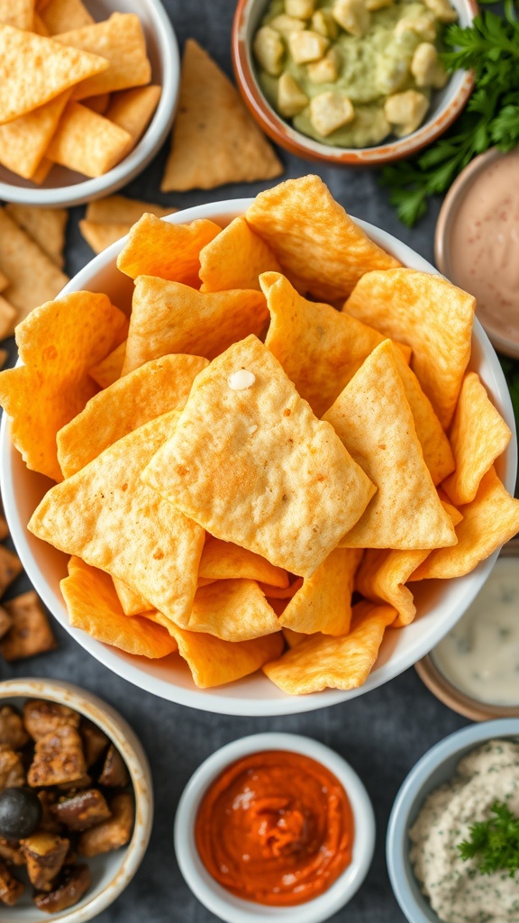 A bowl of cheese crisps surrounded by various dips and snacks.