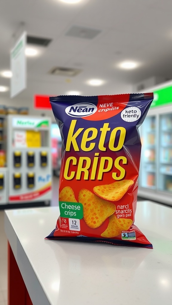 A pack of keto-friendly cheese crisps displayed in a gas station