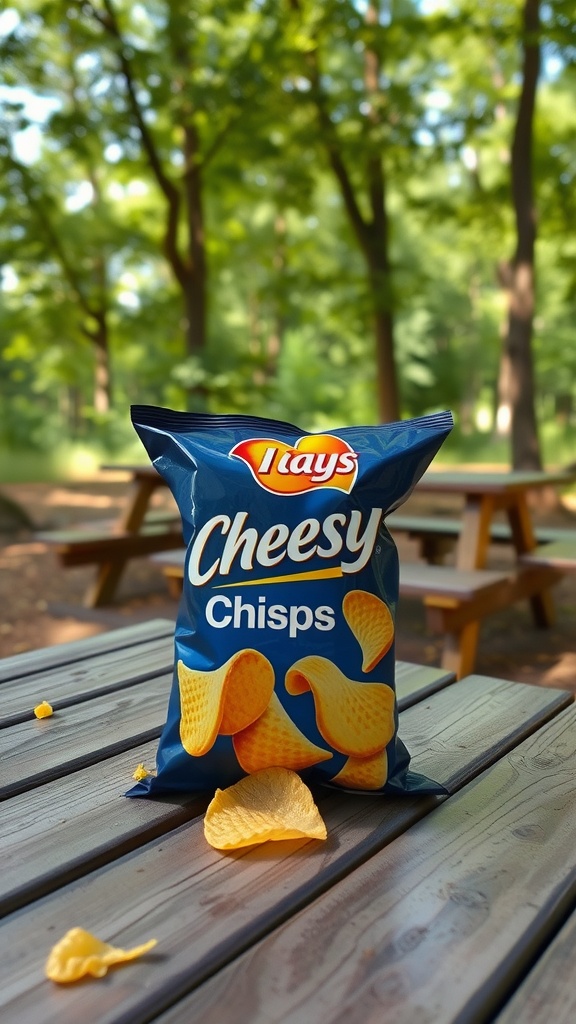 A snack bag of Cheesy Crisps placed on a wooden table in a park.