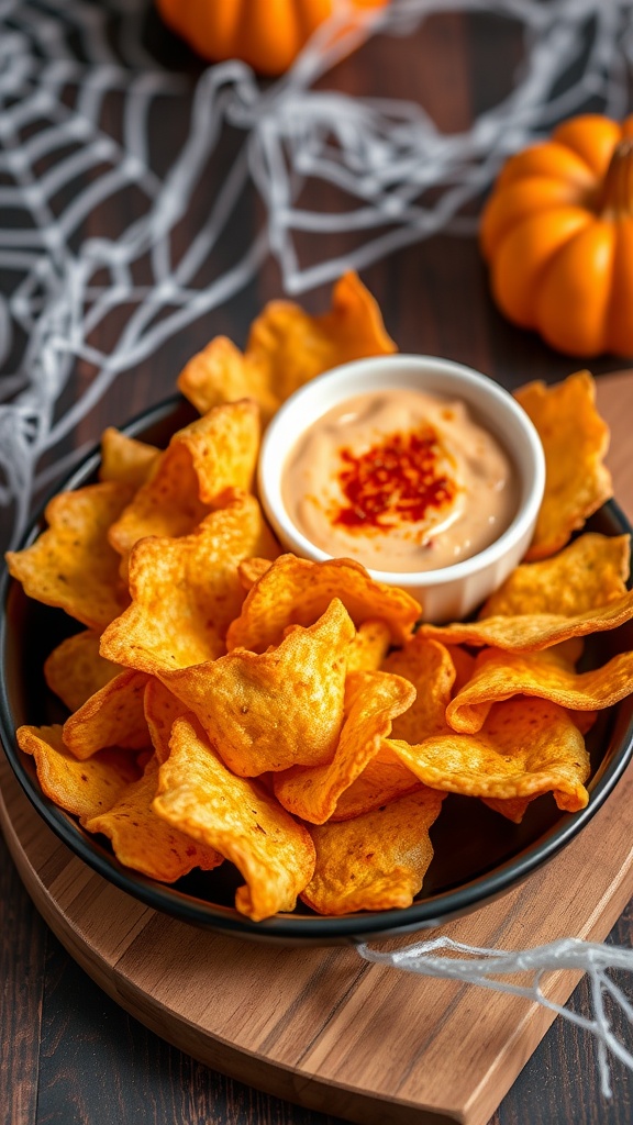 A plate of cheese crisps with a spicy dip, decorated for Halloween.