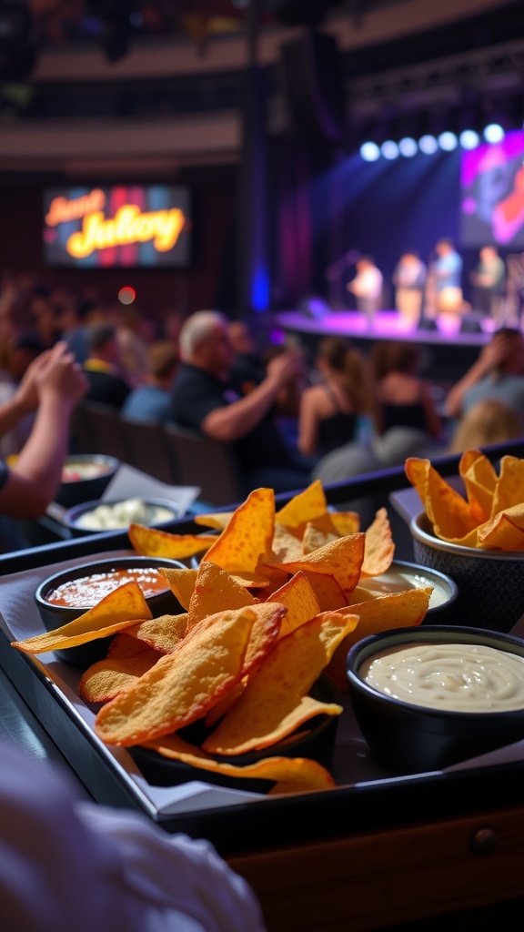 A tray of cheese crisps with dips at a concert venue