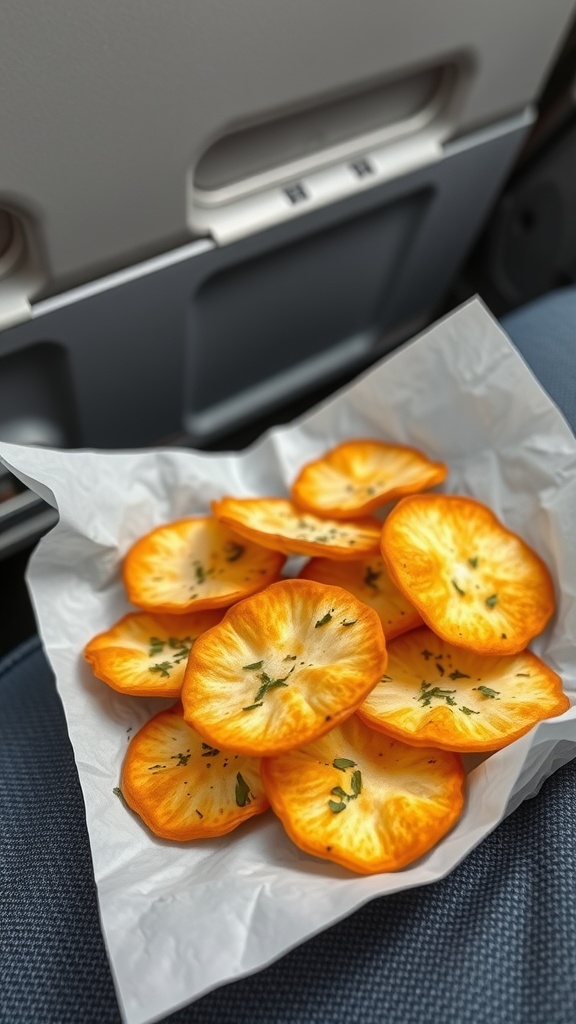 A close-up of cheese crisps with herbs, arranged in a paper-lined container.