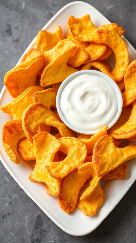 A platter of cheese crisps served with ranch dip.